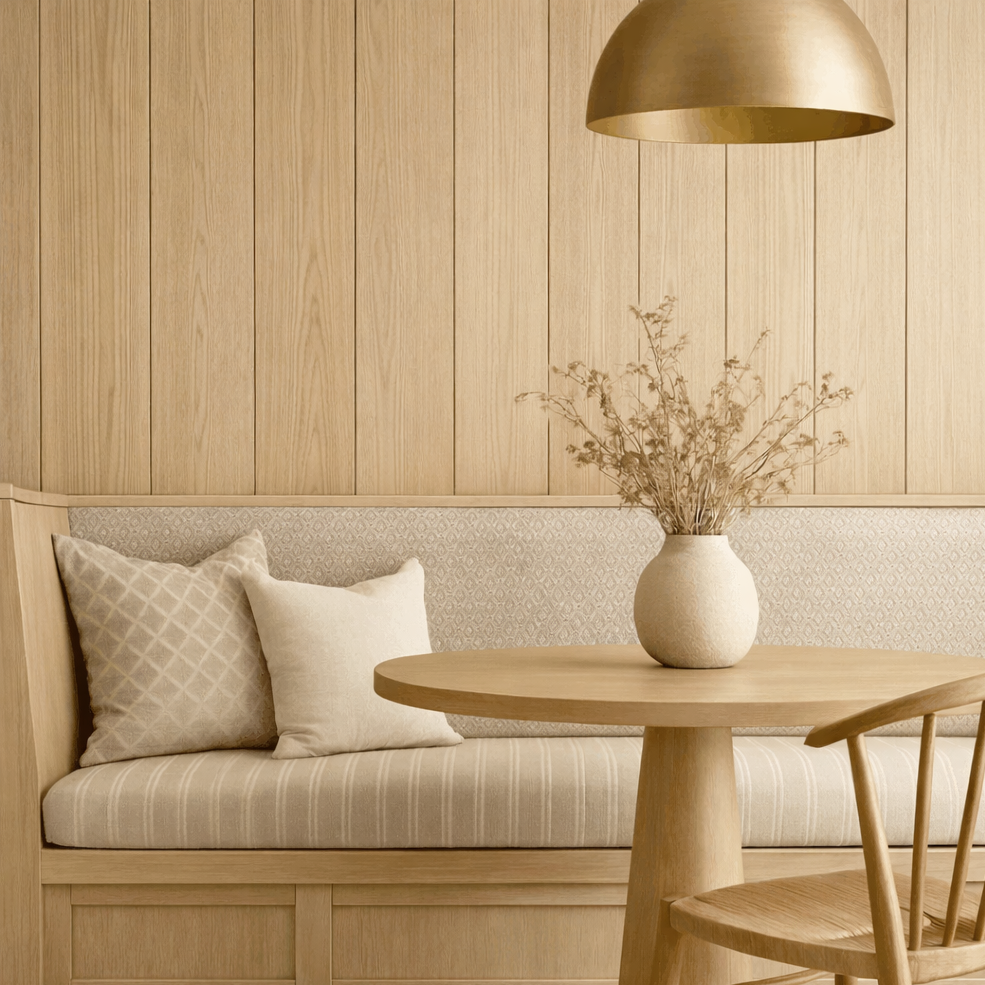 Nest interior with wooden table, chair, and wall with wooden paneling.