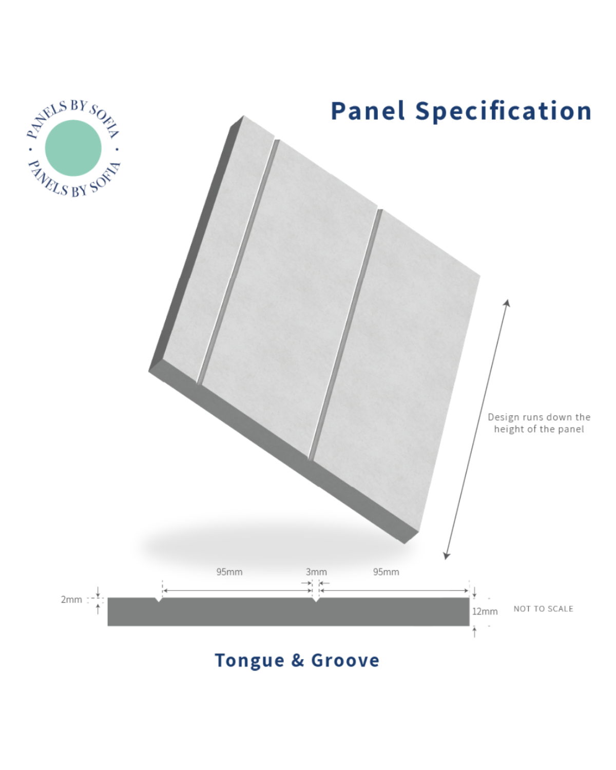 Panel specification diagram with dimensions and tongue & groove details on a white background