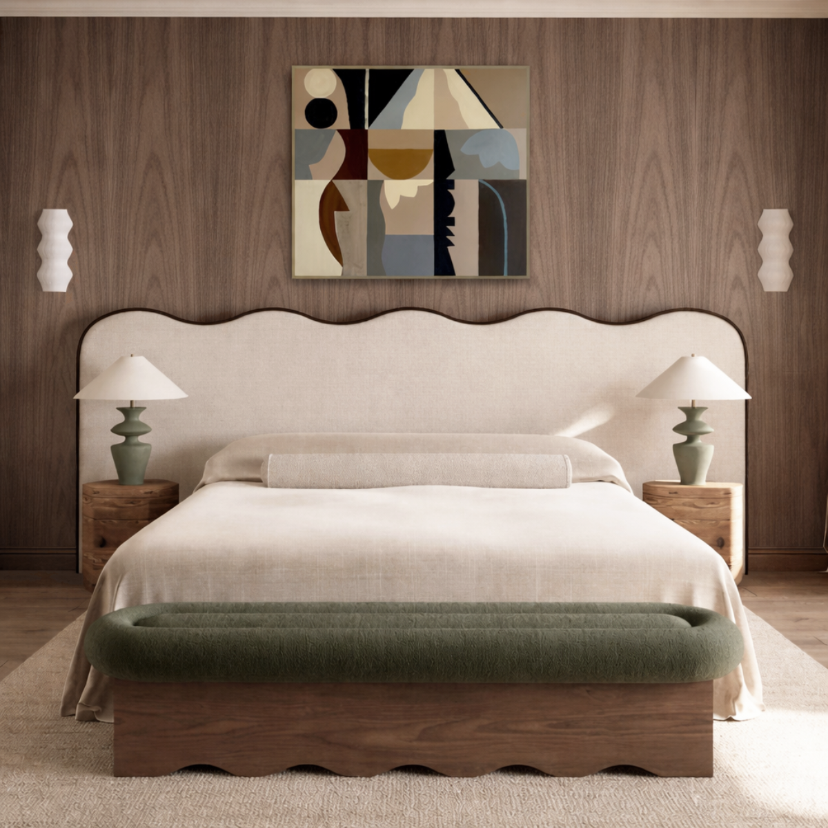 Modern bedroom with wood wall panels, a bed, lamps, and abstract art on the wall.