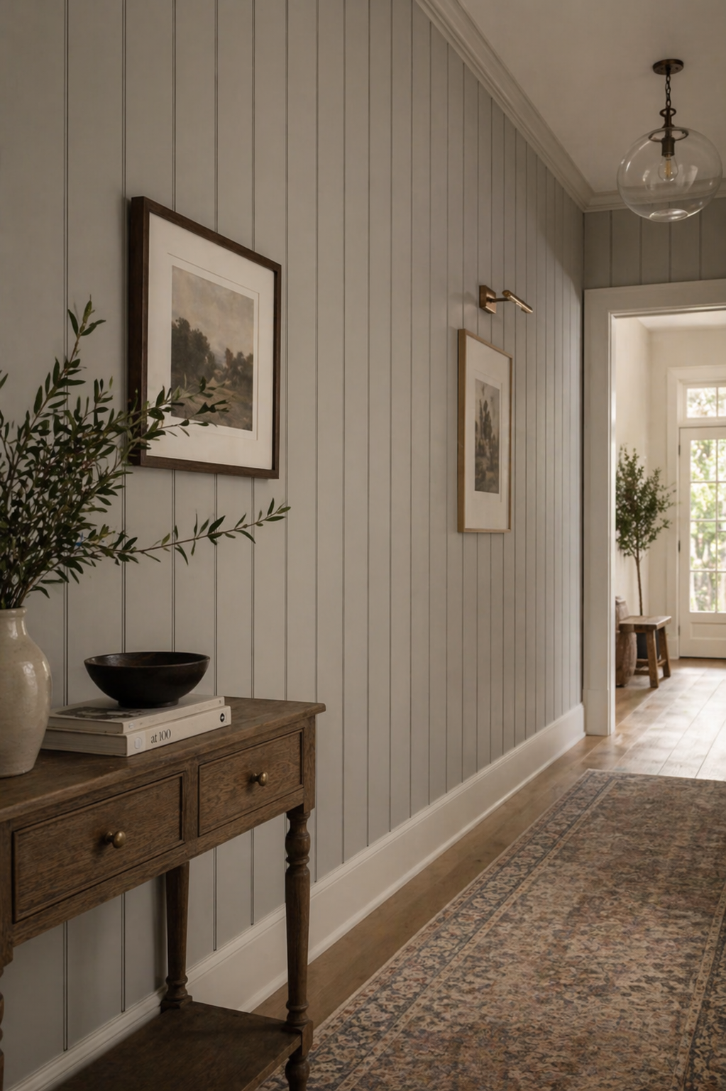 Hallway with wooden console table, framed artwork, and wood wall panels.