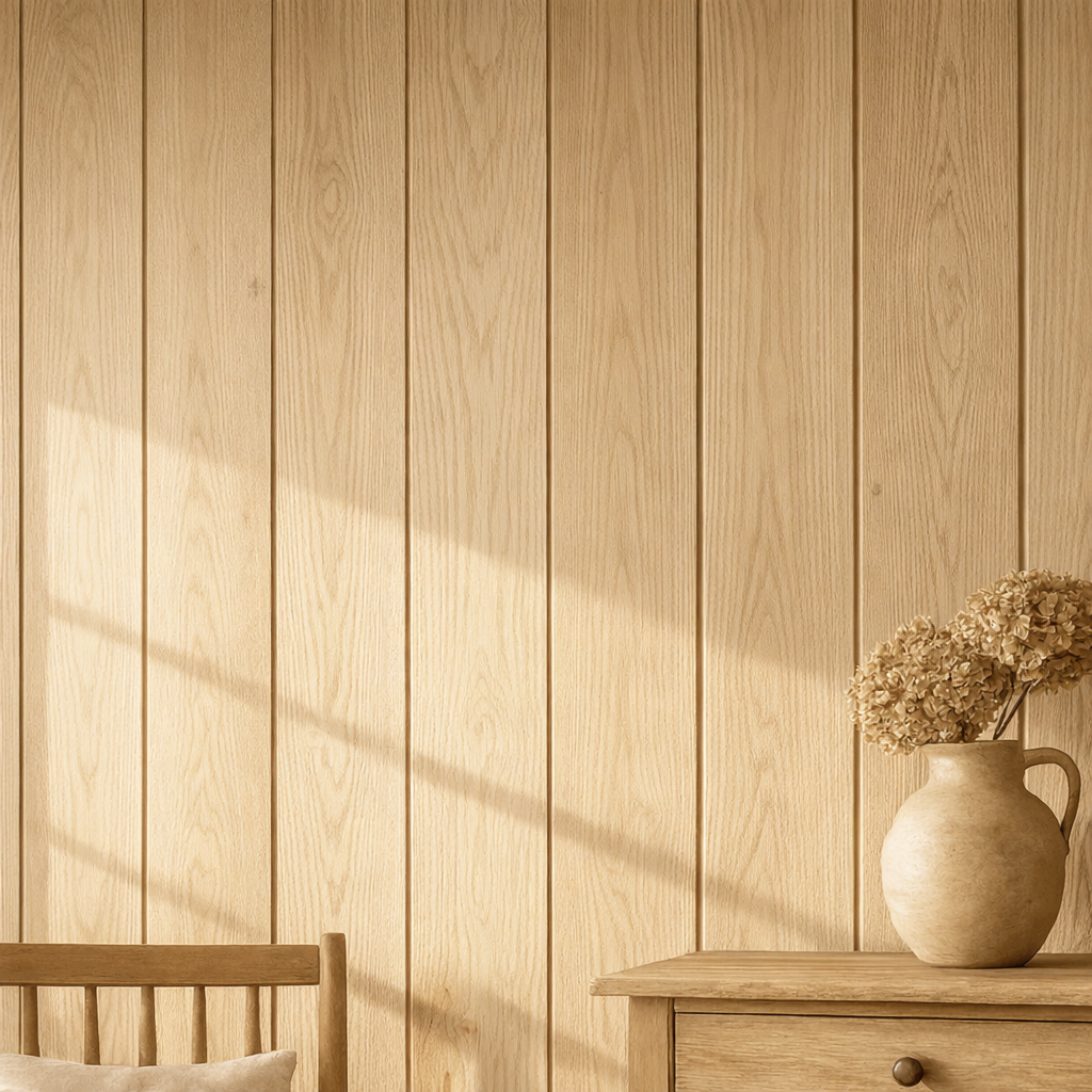Wooden wall paneling with a vase and flowers on a wooden surface