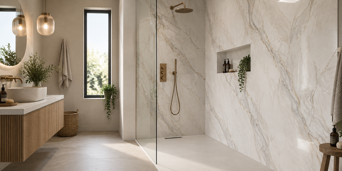 A modern bathroom interior with a glass shower enclosure, marble-look wall panels and floor, a floating wooden vanity, pendant lights, and a window with outdoor greenery visible.