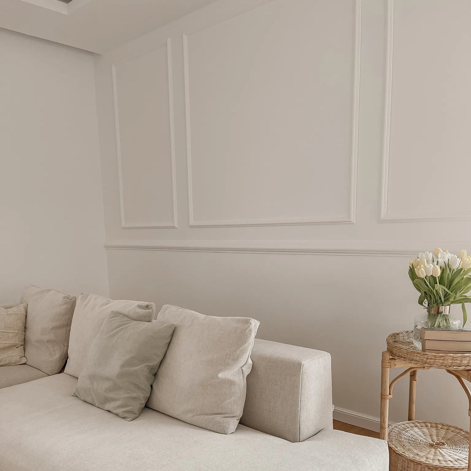 Beige sofa with cushions in a room with a light-colored panelled wall and wooden floor.