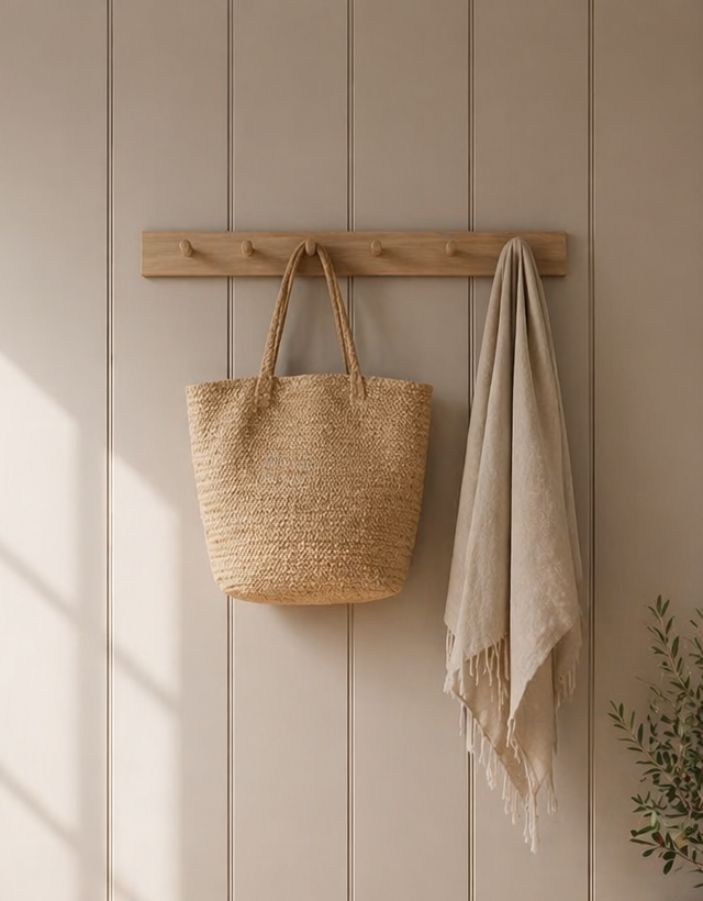 Woven bag and towel hanging on a wooden hook against a beige beaded panelled wall.