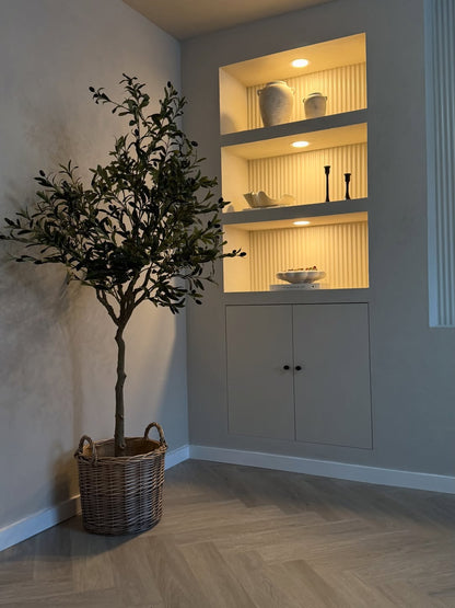 Room interior with a potted plant and a shelf with panelling and decorative items.