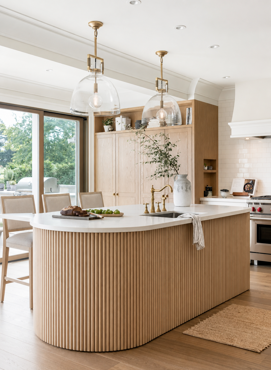 Modern kitchen with wooden oak panelled island and white countertops
