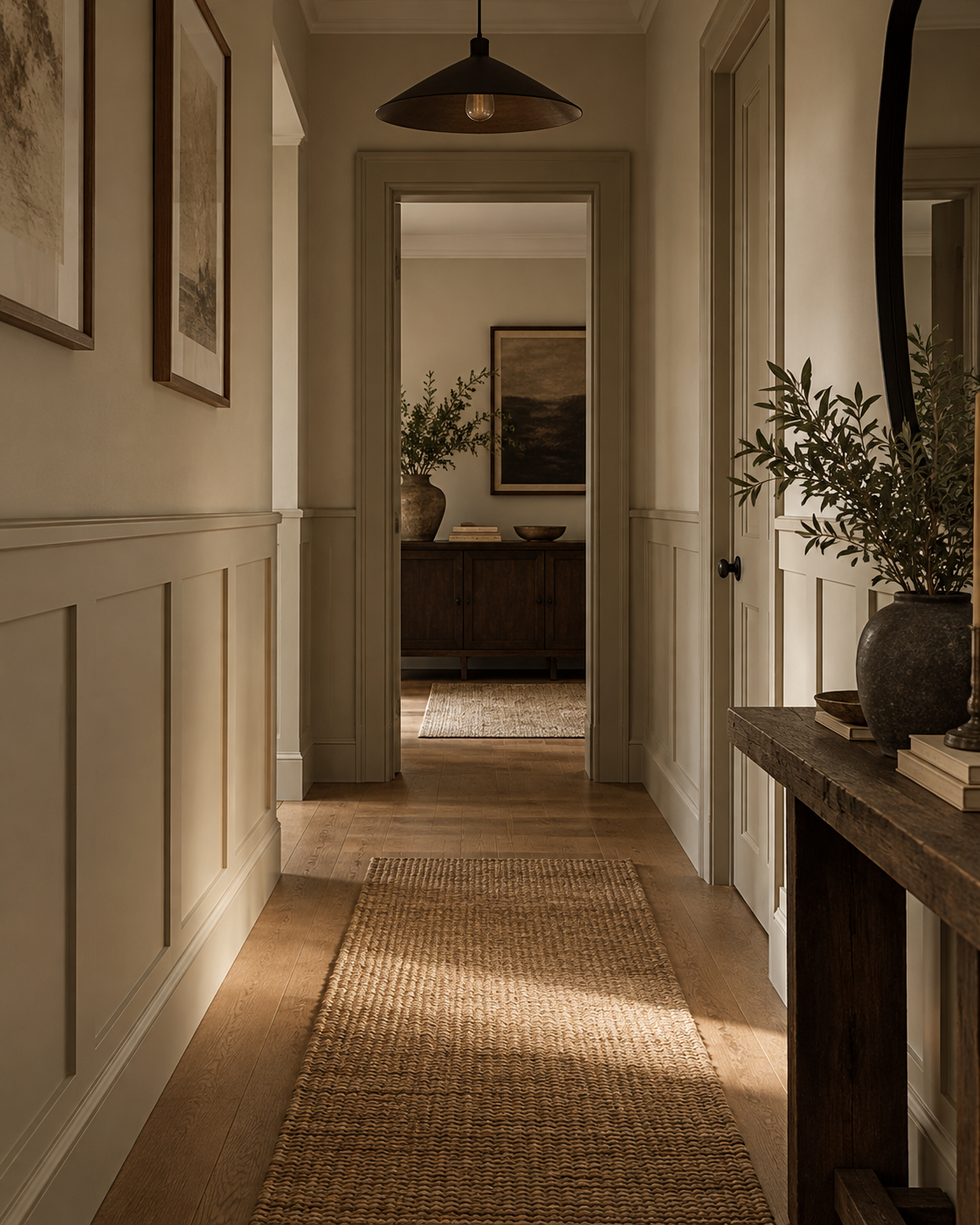 A warm, elegant hallway with beige walls with shaker paenlling, a woven jute runner on light wood floors, and a dark wood console table with a potted olive branch in the foreground.