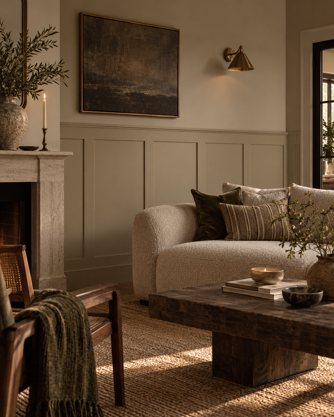 A styled living room scene featuring a cream bouclé sofa with striped and solid throw pillows, a rustic dark wood coffee table, a textured beige rug, and a stone fireplace with a candle on the mantel. A dark framed landscape painting hangs on the wall above wainscoting shaker panelling, with a brass wall sconce casting a warm light.