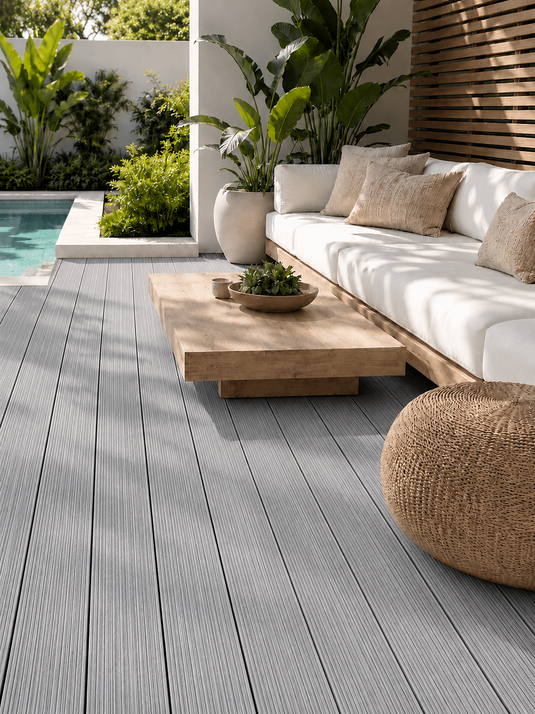 Gray composite decking planks installed on an outdoor patio with a modern white sofa, wooden coffee table, potted plants, and a swimming pool in the background.