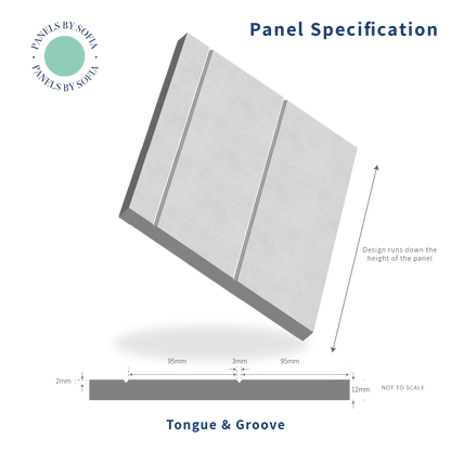 Panel specification diagram with dimensions and tongue & groove details on a white background