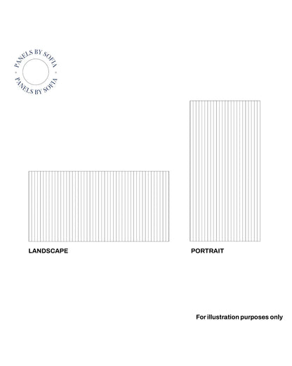 A white graphic showing two rectangular panel options labeled LANDSCAPE and PORTRAIT, with vertical line patterns indicating panel shapes. A circular logo at top left reads 'PANELS BY SOFIA' and small text at bottom right says 'For illustration purposes only.