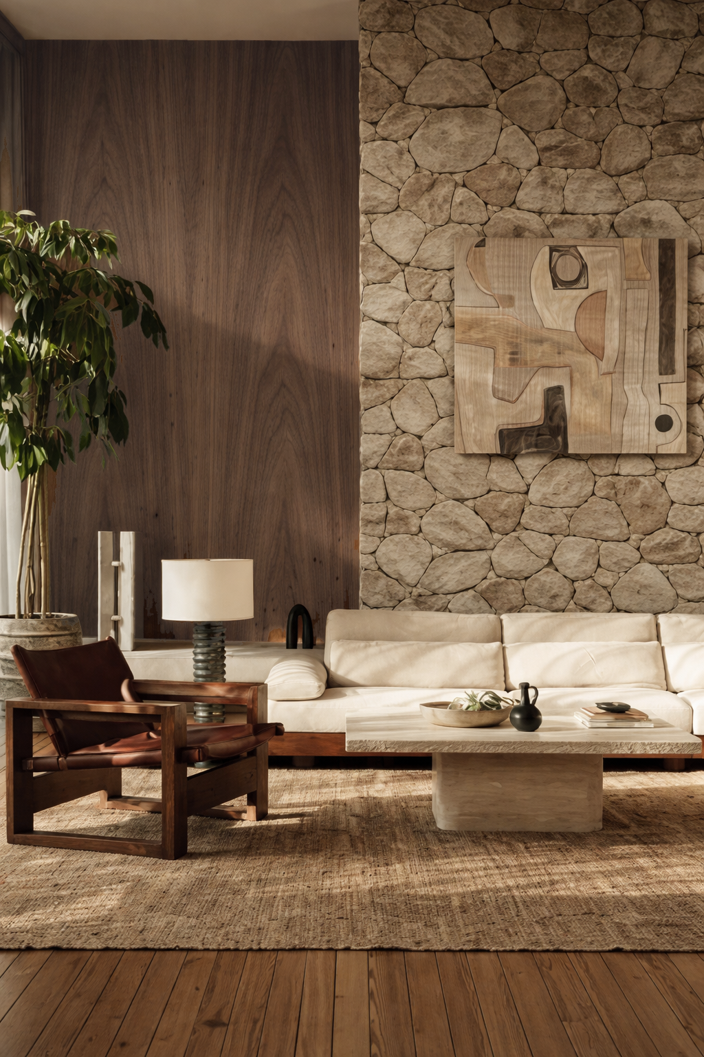 Modern living room with walnut wall stone wall feature, sofa, and decorative items.