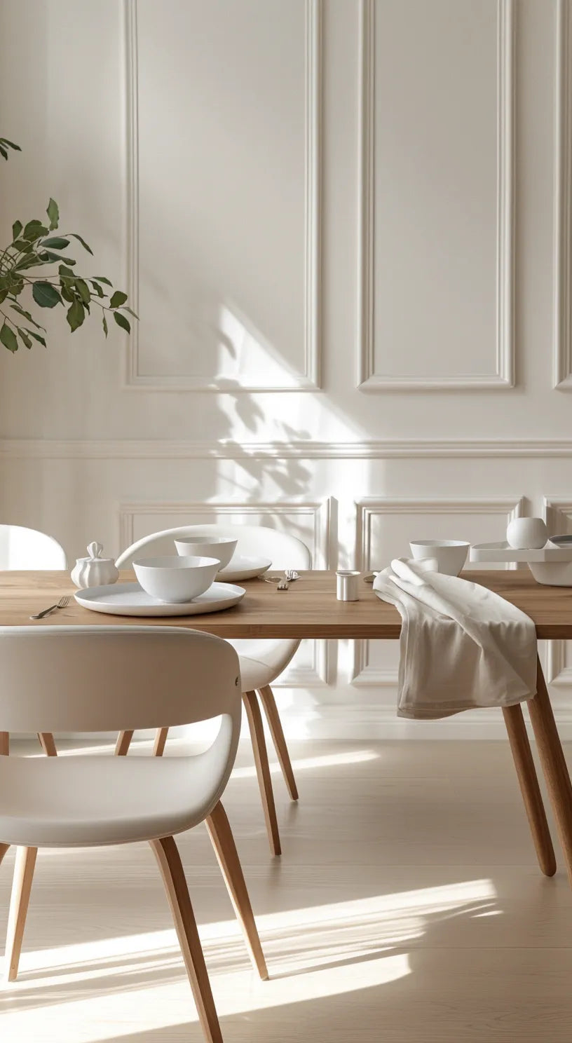 Dining area with wooden table and white chairs in a bright room with wall panelling.
