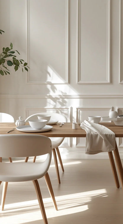 Dining area with wooden table and white chairs in a bright room with wall panelling.