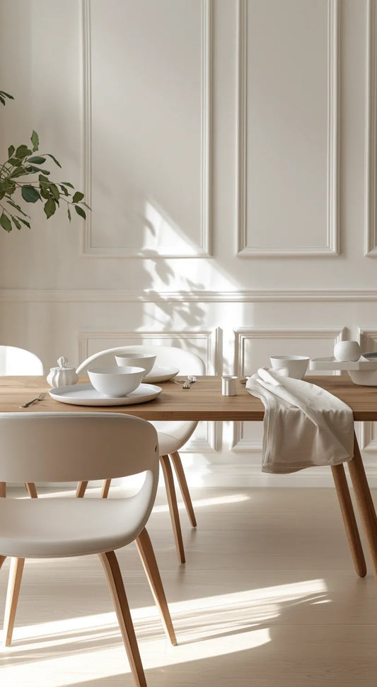 Dining area with wooden table and white chairs in a bright room with wall panelling.