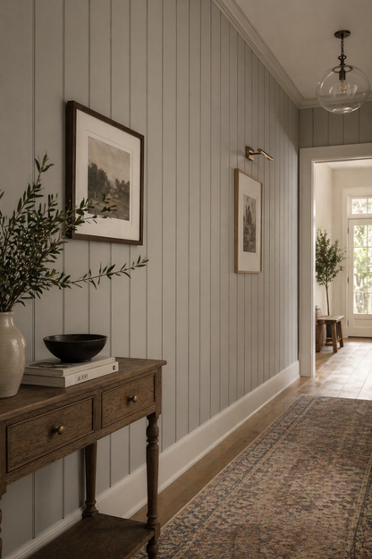 Hallway with wooden console table, framed artwork, and wood wall panels.