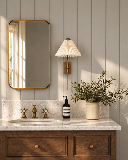 Bathroom vanity with mirror, lamp, and plant against a gray beaded panelled wall.