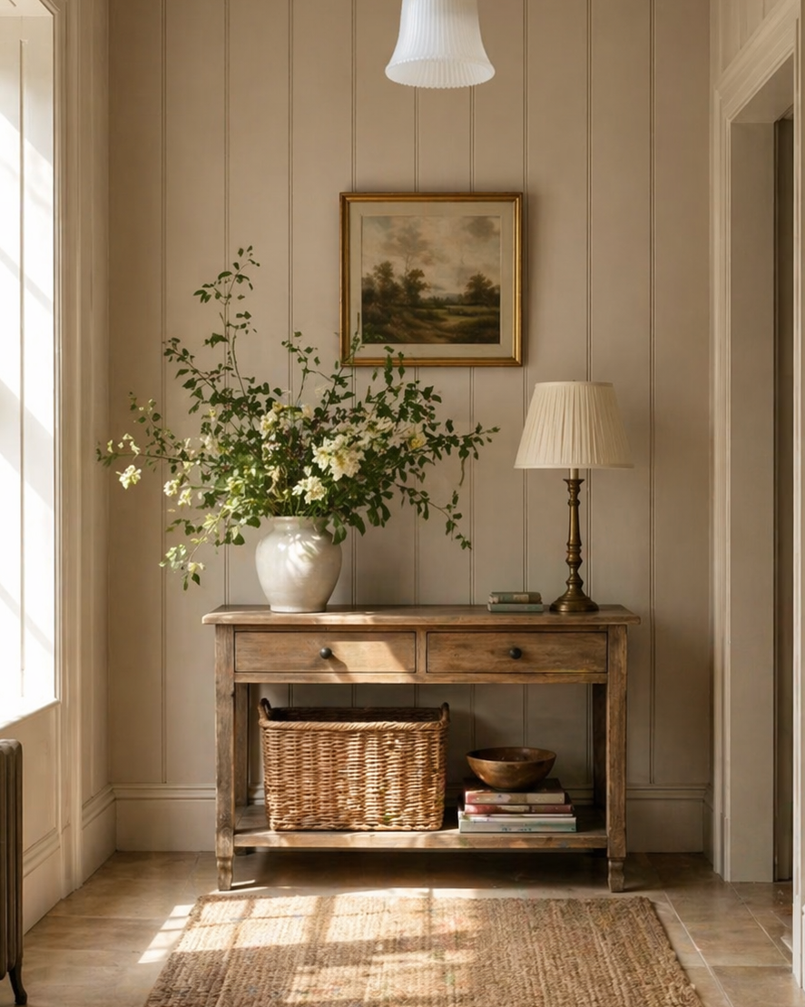 Narrow panelled hallway with wooden console table, lamp, and decorative items.