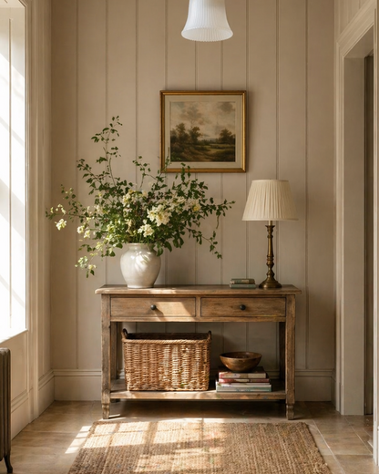 Narrow panelled hallway with wooden console table, lamp, and decorative items.