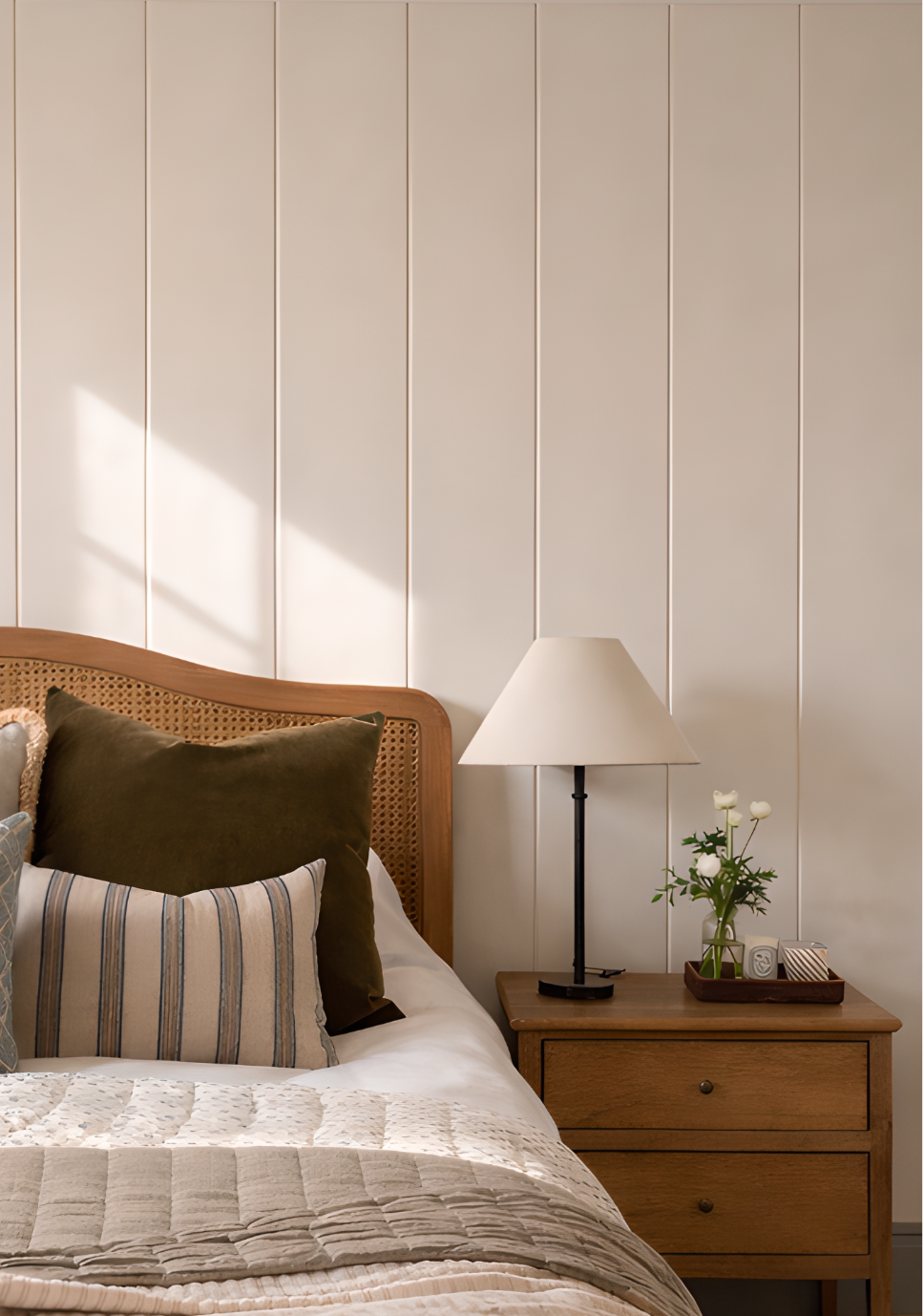 Bedroom with wooden wall panelling, striped pillows, and a nightstand with lamp and flowers.